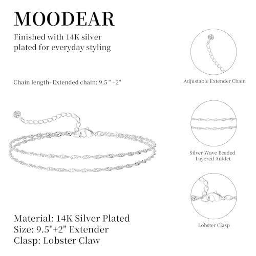 Moodear Ankle Bracelets for Women 14K Silver Plated Layered Chain Anklets | Waterproof Non Tarnish Adjustable Double Layer Anklet with Satellite Bead Chain Design for Summer Beach Jewelry Gift - color: silver-2
