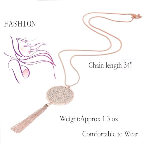 MOLOCH Long Necklaces For Woman Disk Circle Pendant Necklaces Tassel Fringe Necklace Set Statement Pendant - color: rose gold