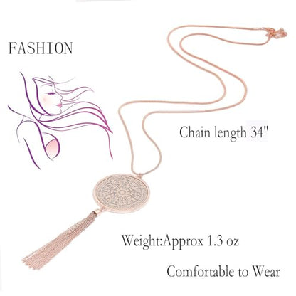 MOLOCH Long Necklaces For Woman Disk Circle Pendant Necklaces Tassel Fringe Necklace Set Statement Pendant - color: rose gold
