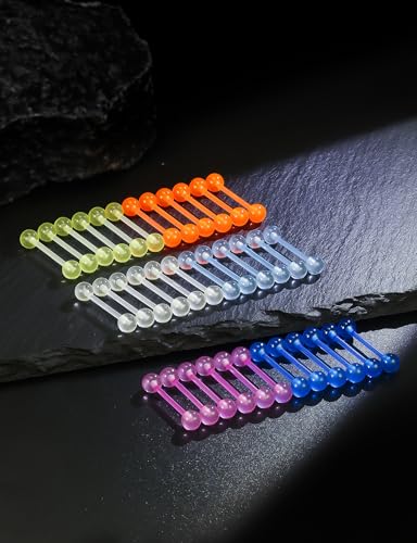 14G Glow in Dark Bioflex Flexible Acrylic Nipple Tongue Rings Piercing Jewelry Retainer 14 Gauge Plastic Straight Barbell Tongue Nipple Piercing Jewelry For Women Men 14MM 16MM Bar - size: 14G-16MM Bar