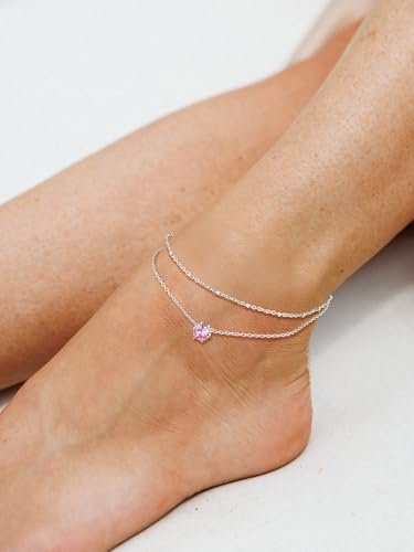 U7 Silver Ankle Bracelet for Women, Waterproof Layered Ankle Round Gem Birthstone Anklets, Summer Beach Foot Jewelry, Adjustable 8.5"-10.5" - color: 10.October-Pink Tourmaline