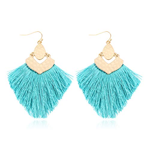 Bohemian Thread Tassel Drop Earrings - Geometric Petal Fan Fringe Feather Statement Chandelier Duster Dangles - color: Boho Tassel Chandelier - Turquoise