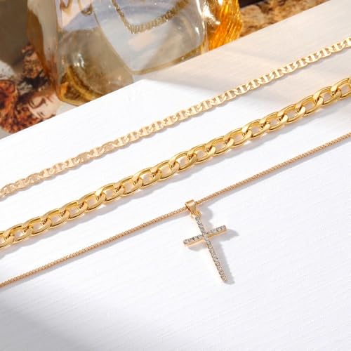 Necklace 14K Gold Plated Three-Layer Sparkling Cross Pendant Elegant Timeless Design Lobster Clasp Adjustable Extender - style: 14K Gold 3-Layered Cross with Diamond