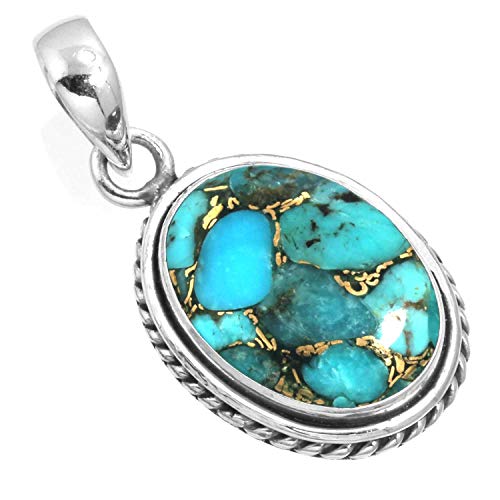 Chunky Natural Gemstone Pendant Necklace For Women Onyx, Turquoise, Amber, Garnet Oval Boho Genuine 925 Sterling Silver Handmade Jewelry - color: Copper Blue Turquoise