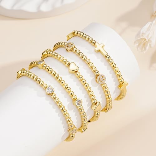 M MOOHAM Gold Beaded Charm Bracelets for Women Girls Non Tarnish | 14K Gold Plated, Dainty CZ Heart Smile Face Cross Charm Stretch Bead Bracelet for Women Teenage Teen Girls - color: Heart