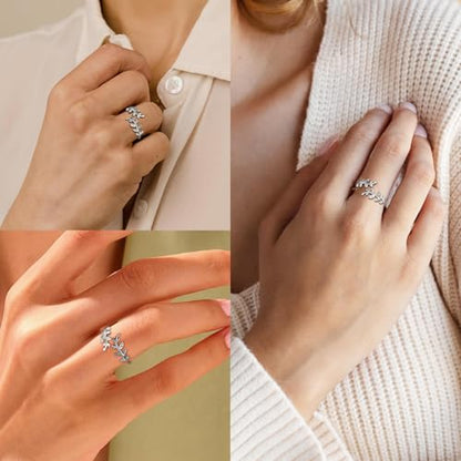 Olive Leaf Rings for Women, Spiritual Meditation Jewelry with Energy Flow Design, 18K Gold Plated Japanese Brass and Asfour Crystal Vine Ring, Symbol of Balance & Inner Harmony - color: Silver