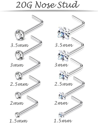 20G 10Pcs Stainless Steel L Screw Bone Shaped Nose Studs Rings Square Round CZ Nose Ring Labret Nose Piercing Jewelry for Men Women Silver Tone 1.5mm-2mm-2.5mm-3mm-3.5mm CZ - style: H:(10Pcs,Square+Round CZ)