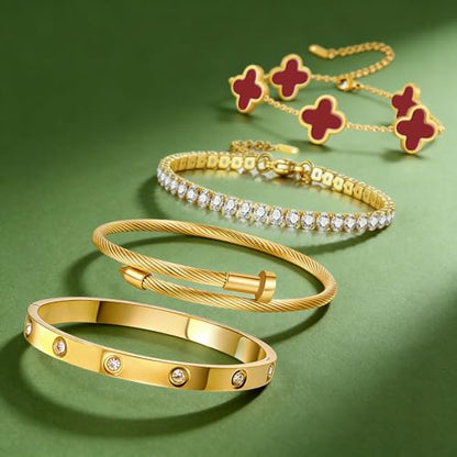 Gold Bracelets for Women, 18K Gold Plated Women Tennis Bracelets Clover Nail Love Bangle Bracelet Set, Gold Bracelet Stackable Set Trendy Jewelry, Gifts for Women's Day and Mother's Day - color: 12-Color- 4 Red