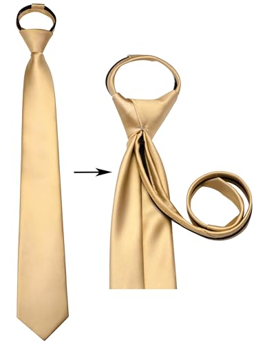 Branduce 3.15"（8cm） Mens Solid Satin Tie Pre-tied Adjustable Zipper Necktie for Business and Wedding - color: Champagne Gold