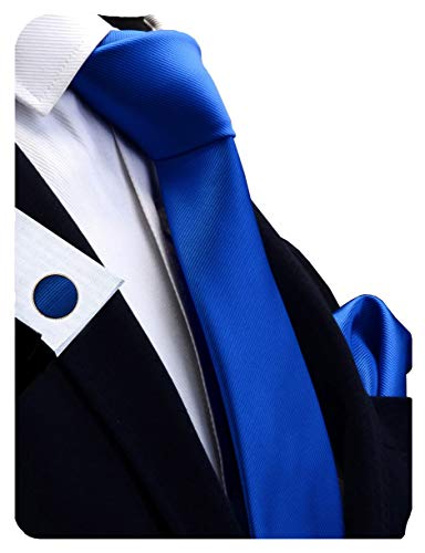 GUSLESON 3.15"（8cm） Solid Color Necktie and Pocket Square Cufflinks Sets For Men + Gift Box - color: Blue