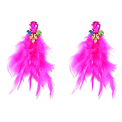 Long Feather Earrings for Women Bohemian Crystal Zirconia Dangle Feather Earrings Crystal Tassel Feather Earrings Wedding Halloween Prom Jewelry - color: Red