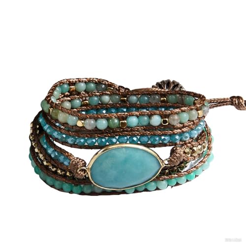 Women Wrap Bracelet Boho Natural Jasper Crystal Stone Beads Strand Bracelets - color: Style 05-Amazonite #2