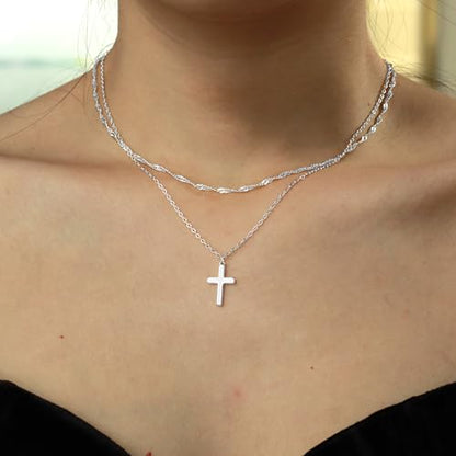 Zalcon Cross Necklace for Women, Gold Plated/Sterling Silver Plated Layered Choker Pendant Necklaces for Women Stack Jewelry for Women Trendy - style: Silver