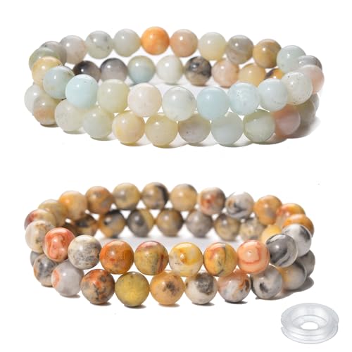 Crystal Beaded Bracelets Set, 4 Piece Gemstone Stretch Bracelets, Rose Quartz, Agate,Jasper, Tiger Eye and Multicolor Glass Beads with String - style: Type 4(S.Amazone+Crazy Aagte)