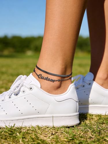 Custom4U Custom Name Anklet Bracelets for Women Waterproof Beaded/Figaro/Cuban/Rope/Wheat Chain Anklet Stackable Gold Plated Non Tarnish Custom Beach Gift Barefoot Summer Jewelry for Her - color: F03-Black Herringbone Chain