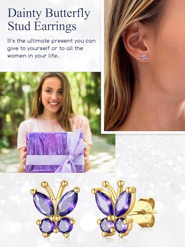 Suplight Butterfly Stud Earrings 925 Sterling Silver 14K Gold Brithstone Earrings for Women Brithstone Jewelry Gifts - color: 02.February ( Amethyst), size: Gold