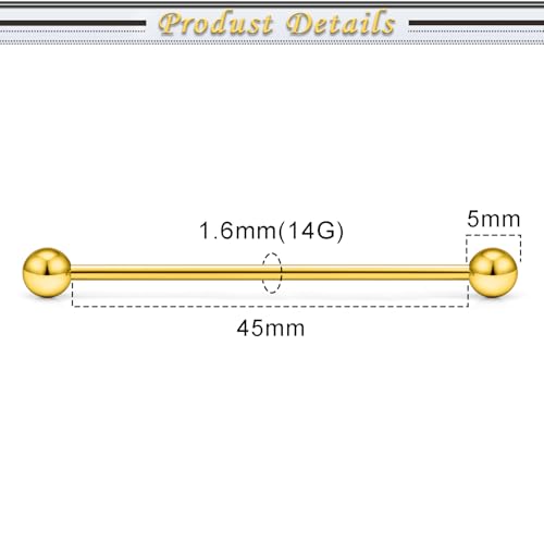16G 14G Surgical Steel Tongue Rings Nipple Rings Industrial Piercing Jewelry Set Multi Size Straight Barbells 12mm 14mm 16mm 19mm 22mm 28mm 32mm 35mm 38mm 40mm 45mm for Women Men - color: goldtone, size: 14g,bar length 45mm