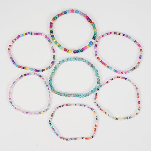 Bohemian Colorful Crystal Glass Beads Seed Beaded Bracelet Handmade Adjustable Stackable Elastic Strand Bangle for Women Summer Beach Hawaii Boho Wristbands Jewelry - color: colorful