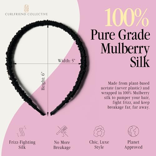 Curlfriend Collective Onyx Comfort Curve Silk Headband for Women | Luxury 100% Mulberry Silk, No-Slip, Headache-Free Fit for Curly, Coily & Textured Hair - color: Onyx