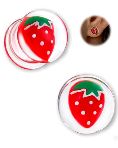 2PCS Strawberry Ear Gauges 00g to 5/8'' Simulated Strawberry Resin Plugs Saddle Double Flared Tunnels Stretcher Expander Ear Plug Expanders Acrylic Ear Gauges Piercing Jewelry - size: 12mm