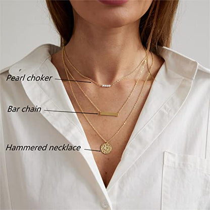 ASCOMY Layered Necklaces for Women Dainty Gold Necklace 14K Gold Plated Herringbone Necklace for Women Pearl Cross Necklace Paperclip Cuban Figaro Rope Satellite Chain Gold Choker Trendy Jewelry Gift - style: 3Layered Bar Pearl Hammered-GD