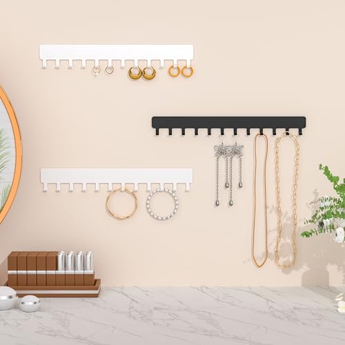 Necklace Holder Wall Mounted,Self Adhesive Jewelry Organizer,2 Pack,White | Modern Design,24 Hooks for Jewelry,Self Adhesive No Drilling,Durable Metal Design,for bedroom/closet/bathroom/vanity - color: White