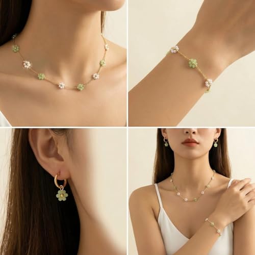 Daisy Pearl Jewelry Set for Women, 14K Gold Plated Stainless Steel Necklace Bracelet Earring 3 Piece Set, Dainty Pearl Choker Flower Necklace Birthday Gift for Her - color: Fruit Green + Pearl White