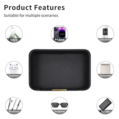 Luxury Leather Valet Tray Desktop Storage Organizer,Bedside Vanity Catchall Tray Nightstand Caddy Holder for Cosmetic,Jewelry,Watch,Keys,Phone,Wallet,Remote Controller,Pen,Black - color: Black