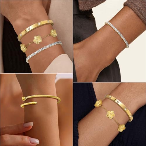 MOINSPIRE Gold Bracelets for Women, 18K Gold Plated Tennis Nail Clover love Bangle Bracelets Set Non Tarnish, Stainless Steel Trendy Stackable Bracelet Fashion Jewelry Accessories Gifts for Christmas - color: A1-Gold