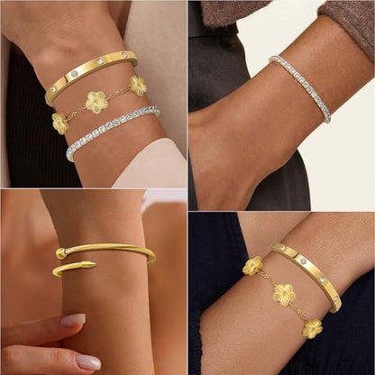 MOINSPIRE Gold Bracelets for Women, 18K Gold Plated Tennis Nail Clover love Bangle Bracelets Set Non Tarnish, Stainless Steel Trendy Stackable Bracelet Fashion Jewelry Accessories Gifts for Christmas - color: A1-Gold