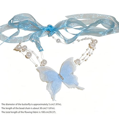 Lace Butterfly Necklace Dainty Pearl Beaded Bow Tie Ribbon Necklaces Long Elegant Lace Fairy Tassel Choker White Black Pink Blue Butterfly Choker Necklaces Cute Butterfly Jewelry Y2K Aesthetic Jewlery for Wedding Party Prom - color: Blue