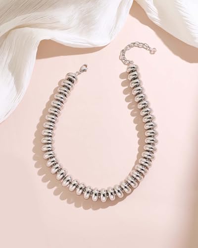 Chunky Beaded Necklace for Women Boho Statement Bead Necklace Adjustable Choker with Polished Disc/Square Beads Trendy Summer Beach Jewelry Gifts - color: Silver