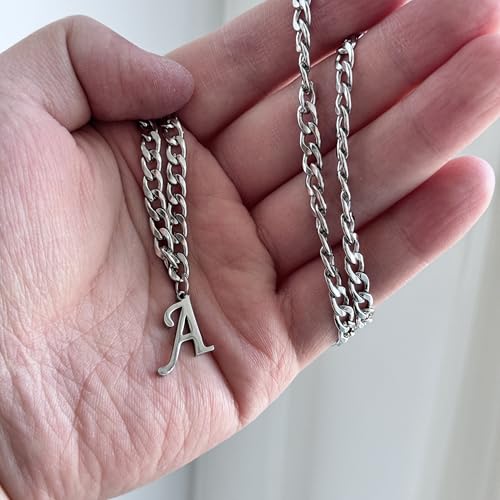 Stainless Steel Initial A-Z Necklace for Men Women,Cuban Chain,Titanium Steel Initial Letter Pendant Charm Necklaces Accessories Jewelry for Woman Man,21 Inch Chain - color: A