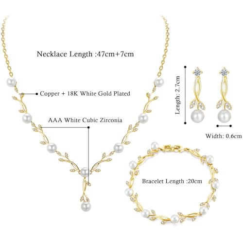 Jewelry Set for Women, Necklace Dangle Earrings Bracelet Set with White AAA Cubic Zirconia, Allergy Free Wedding Party Jewelry for Bridal Bridesmaid - color: Necklace+Braclelet+Earrings-pearl style gold