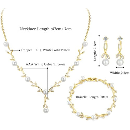 Jewelry Set for Women, Necklace Dangle Earrings Bracelet Set with White AAA Cubic Zirconia, Allergy Free Wedding Party Jewelry for Bridal Bridesmaid - color: Necklace+Braclelet+Earrings-pearl style gold
