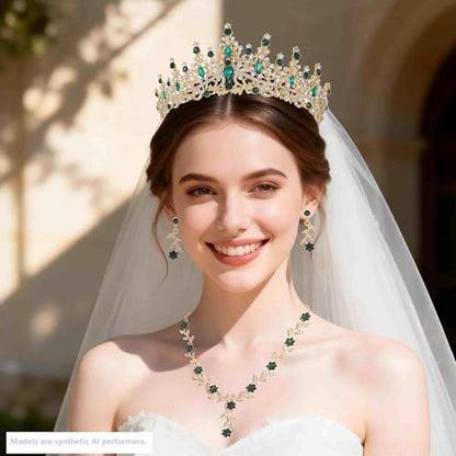Kamirola Tiaras and Crowns for Women,Tiaras Earrings Necklace, Crystal Bridal Jewelry Set (TR48) - color: Gold Green