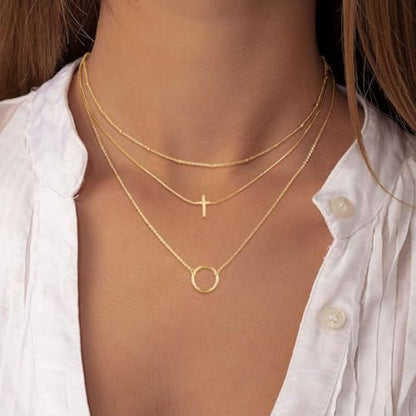 MFRYK Gold/Silver Necklaces Stack For Women,14K Gold/Sterling Silver Plated Simple Layered Choker Necklaces For Women,Stackable Multilayer Pearl Cross Disc Circle Pendant Cuban Herringbone Snake Paperclip Chain Necklaces Set Jewelry Gift for Women - style