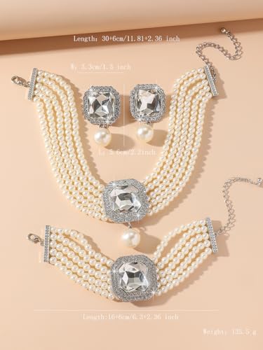 Fashion Bride Silver Black Green Bridal Layered Rhinestone Crystal 1920s Faux Pearls Necklace Earrings Bracelet Set Crystal Wedding Jewelry Set Rose Red Square Choker Necklace for Women - color: Silver
