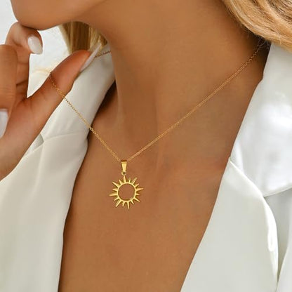 Gold Necklace for Women Dainty 18K Gold Plated | Sun Horn Crescent Moon Lucky Horse Shoe Pendant Necklace Waterproof Stainless Steel Trendy Jewelry, Gift Box Included - color: Sun-Gold