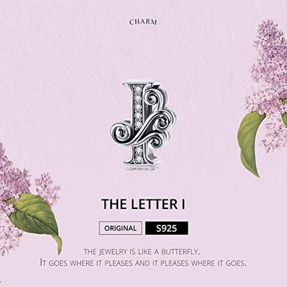 BISAER 925 Sterling Silver Initial Letter A-Z Charms for Bracelets Alphabet Beads Charm Jewelry Gifts - color: Letter I