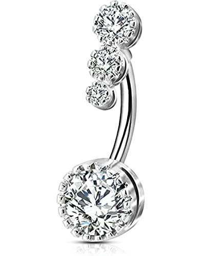OUFER 316L Surgical Steel Belly Button Rings, Clear CZ Navel Rings, Belly Piercing Jewelry - color: Silver Bar, Clear CZ