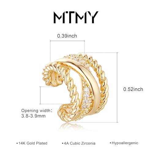 Gold Ear Cuff Earring for Women 14K Gold Plated Cubic Zirconia Non-Pierced Clip on Cartilage Chunky Ear Cuffs Hypoallergenic Jewelry - style: x rope