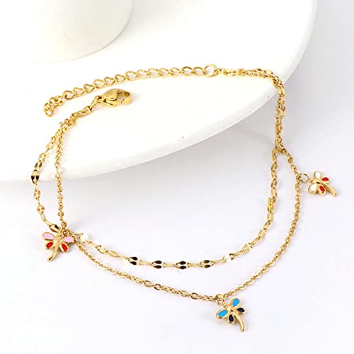 Anklet Bracelets for Women Stainless Steel, Gold Anklets Bracelet for Womens Double Layer Chain with Flower/Ladybug/Dragonfly Anklet for Summer Beach - color: Dragonfly