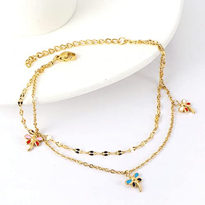 Anklet Bracelets for Women Stainless Steel, Gold Anklets Bracelet for Womens Double Layer Chain with Flower/Ladybug/Dragonfly Anklet for Summer Beach - color: Dragonfly