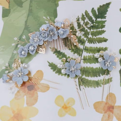 4 Pieces Bridal Flower Wedding Hair Comb Rhinestones Crystal Floral Hair Pins Hair Clips Wedding Hair Accessories Hair Jewelry for Brides Bridesmaids Women Girls(Blue) - color: Blue