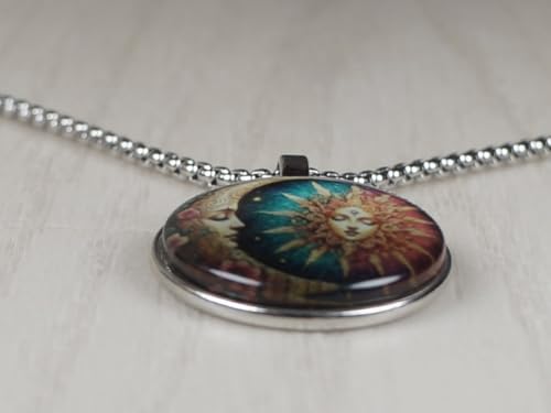 Intricate Highly Detailed Small Rainbow Celestial Sun Moon Boho Printed Pendant, Stainless Steel Chain Necklace, Length Choices - size: 20 inches long