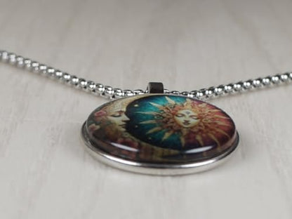 Intricate Highly Detailed Small Rainbow Celestial Sun Moon Boho Printed Pendant, Stainless Steel Chain Necklace, Length Choices - size: 20 inches long