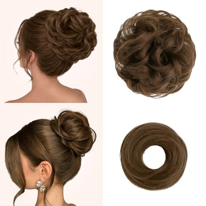 2PCS Messy Bun Hair Pieces Synthetic Hairpieces For Women Light Brown | Messy Bun and Donut Bun in one set for natural-looking volume and elegant updos for every occasion. - color: Light Brown