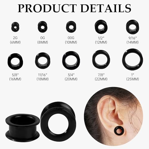 20Pcs Silicone Ear Gauges 2G-25mm Flexible Ear Tunnels Gauges Soft Expander Stretching Ear Plugs Tunnels Black Earring Piercings Jewelry for Men Women - color: Thick Black Silicone