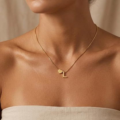 18K Real Gold Plated Heart Initial Necklace for Women-Personalized A-Z Letter Pendant on Durable Stainless Steel Box Chain (16+2.5 inch Adjustable) Hypoallergenic Everyday Jewelry Gift Boxed for Mom Wife - style: Gold:L
